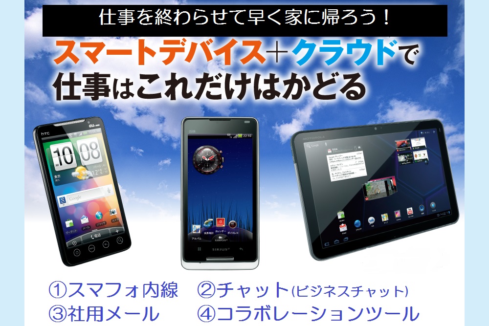スマートデバイス+クラウドで仕事は、これだけ はかどる! ①スマフォ内線 ②ビジネスチャット ③社用メール ④コラボレーションツール